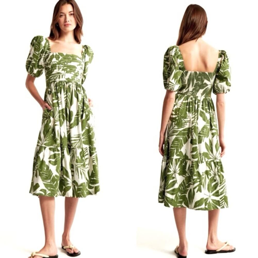 Anthropologie Green Leaf Print Maxi Dress